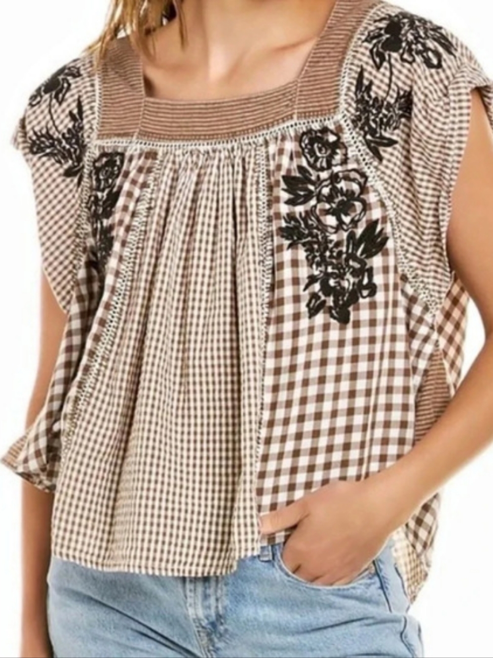 Free people Gingham Embroidered Blouse in Brown & White